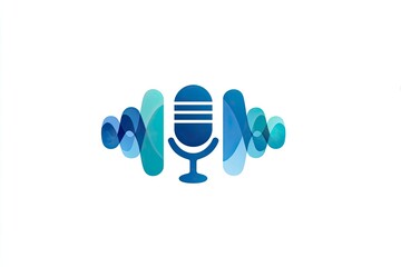 Microphone icon with audio waves flowing from each side in shades of blue on white back