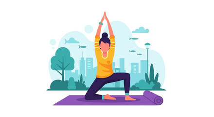 Woman practicing yoga in a city park - perfect for wellness websites, blogs, or brochures.