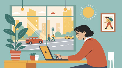 Fototapeta premium Woman working from home on laptop, city view from window, ideal for remote work, freelance, and productivity content.