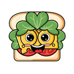 Cute cartoon sandwich character with happy face isolated on transparent background
