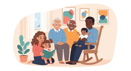 Multigenerational family reading a book together - perfect for websites, brochures, or family-themed projects.