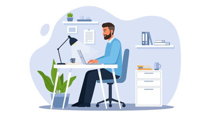 Man working on laptop at his desk, perfect for website banners or blog posts about remote work, productivity, or freelance.
