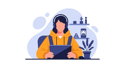 Woman with headphones working on laptop, perfect for remote work, online learning, or podcasting website.