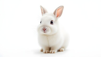 Obraz premium A fluffy, young rabbit, characterized by its soft, snow white fur, sits attentively against a stark white backdrop. Its large, round eyes, a gentle shade of brown, convey an innocent curiosity