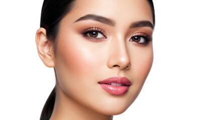 A woman with brown eyes light pink lips and light brown eyeshadow and hair tied back