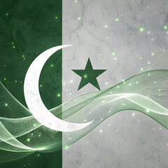 An abstract poster with a glowing crescent moon and star set against a dark green background, symbolizing Pakistan with a modern, minimalist design.