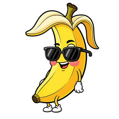 Cool cartoon banana character wearing sunglasses isolated on transparent background