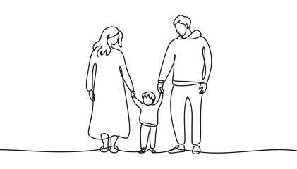 Continuous line drawing of family holding hands, minimalist sketch depicting connection, support, unity, and parent-child relationship