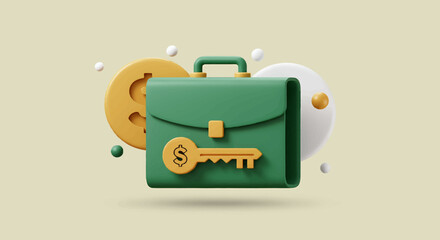 3D illustration of a green briefcase, key, and dollar coins, suggesting financial success and opportunity.