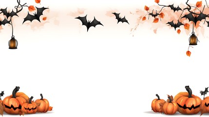 Halloween background with pumpkins bats lanterns and autumn leaves for party invitation and greeting cards