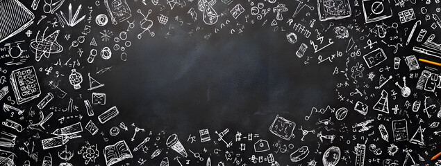 Chalkboard doodles of science and math symbols and objects