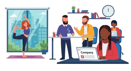 Modern Office Workers Collaborating and Relaxing: Perfect for website banners, brochures, or presentations on work-life balance.