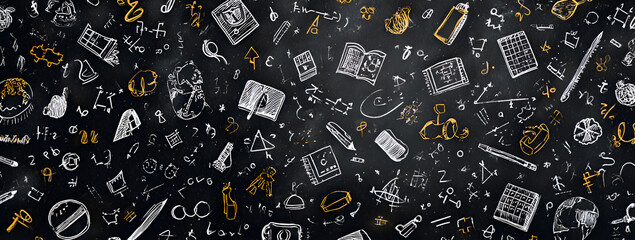 Chalkboard doodles of science and math symbols and objects 1