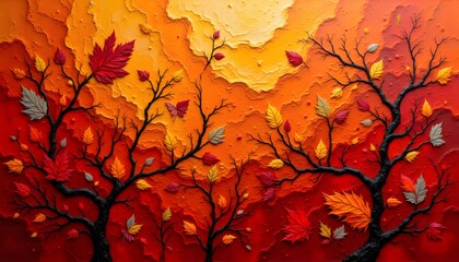 A symphony of russet, ochre, and crimson hues coalesce across a textured canvas, mimicking the intricate patterns of decaying foliage
