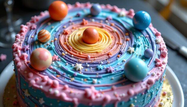 A multi layered confectionery creation resembling a nebula, with swirling pastel colored frostings mimicking cosmic dust clouds
