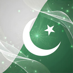 An abstract poster with a glowing crescent moon and star set against a dark green background, symbolizing Pakistan with a modern, minimalist design.