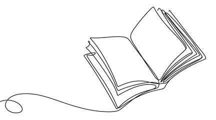 Continuous line drawing of open book with flowing pages, minimalist sketch design ideal for education, literature, and creative concepts