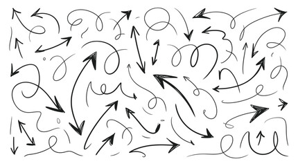 Hand-drawn arrow icons set featuring sketchy swirls, curves, and directions for creative navigation, pointers, and decorative design