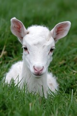 Obraz premium Portrait of a sweet white lamb nestled in green grass.