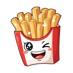 Cute kawaii french fries cartoon with happy face isolated on transparent background