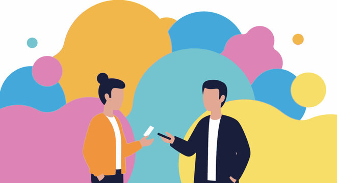 Two people exchanging a business card and a phone number.  Perfect for websites, presentations, and marketing materials.