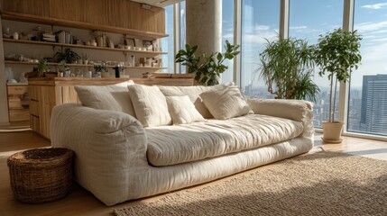 Obraz premium Modern, light beige couch in a bright, airy apartment