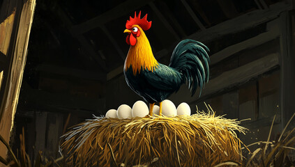 Rooster standing on eggs inside a rural barn