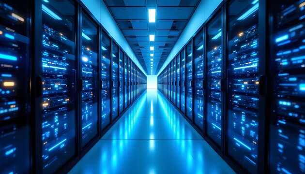 A long, sterile corridor in a server data center, illuminated by cool blue light emanating from the rows of blinking server racks that line the walls
