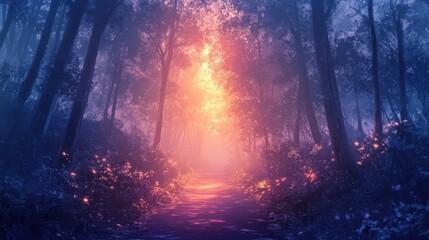 Misty forest path glows with warm light
