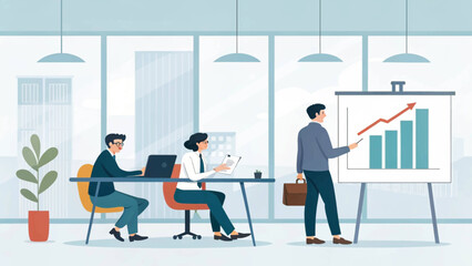 Business team meeting, growth chart presentation. Ideal for website landing page, marketing brochure.