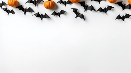 Halloween background with pumpkins and paper bats on white surface for halloween designs ideas