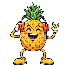Happy cartoon pineapple character wearing headphones isolated on transparent background