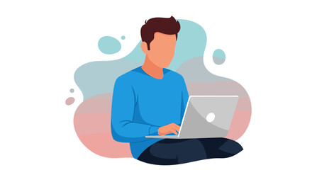 Man working on laptop, illustration for website or app landing page.