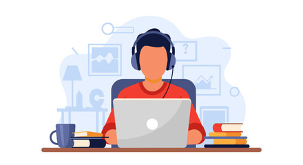 Person working from home with laptop and headphones, perfect for remote work and online learning illustrations.