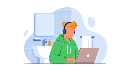Young man working on laptop in bathroom, perfect for articles about remote work, work-life balance, or modern lifestyle.