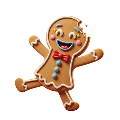 Happy gingerbread man with bite mark isolated on transparent background