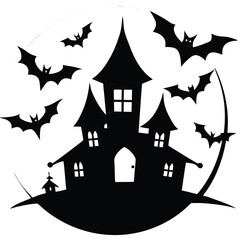 Black silhouette haunted house with flying bats and moon halloween spooky