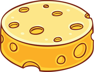 Cartoon illustration of a round piece of cheese with various sized holes.
