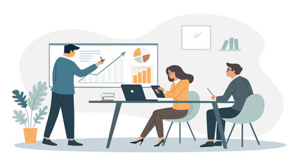 Business team analyzing data and charts during a presentation. Ideal for reports, presentations, and websites.