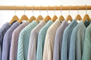 Pastel knitted sweater on wooden hanger, white background