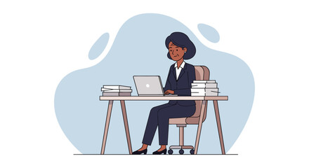 Businesswoman working on laptop at her desk, ideal for website banners or business presentations.