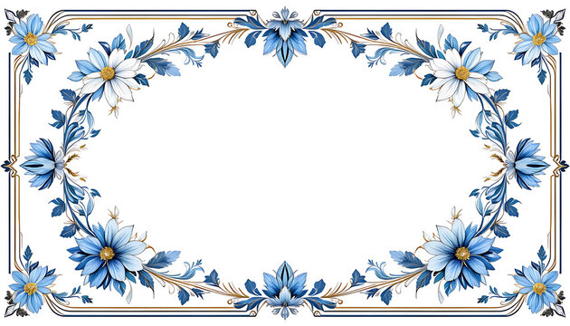 Elegant Blue Floral Frame with Golden Accents.