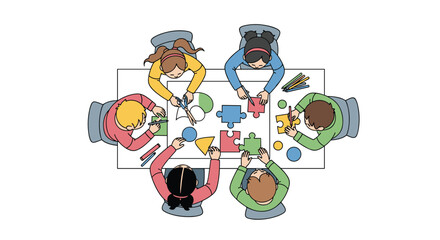 Collaborative teamwork and problem solving in a creative brainstorming session around a table