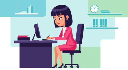 Businesswoman working at her desk, perfect for website banners or marketing materials.
