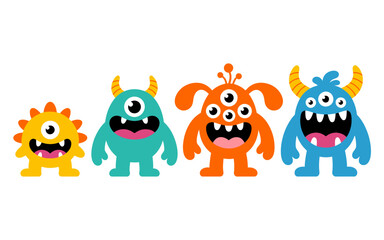 Naklejka premium Four colorful cartoon monsters standing together isolated on white background