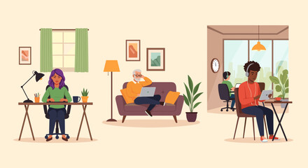 Diverse group of people working remotely from home and office, perfect for illustrating work-life balance or remote work concepts.