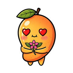 Cute mango character with heart eyes holding a flower isolated on transparent background