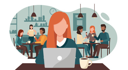 Woman working on laptop in a busy cafe, ideal for website banners or blog posts about remote work or coworking spaces.