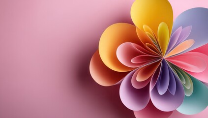 Photo of a multicolored paper in the shape of an abstract flower on a pink background, symbolizing creativity and diversity. Web banner with copy space on the right side.