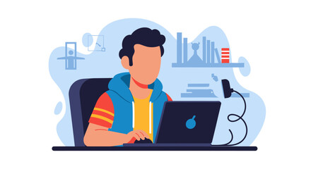Young man working on laptop, perfect for website banners, blog posts, or educational materials about remote work.